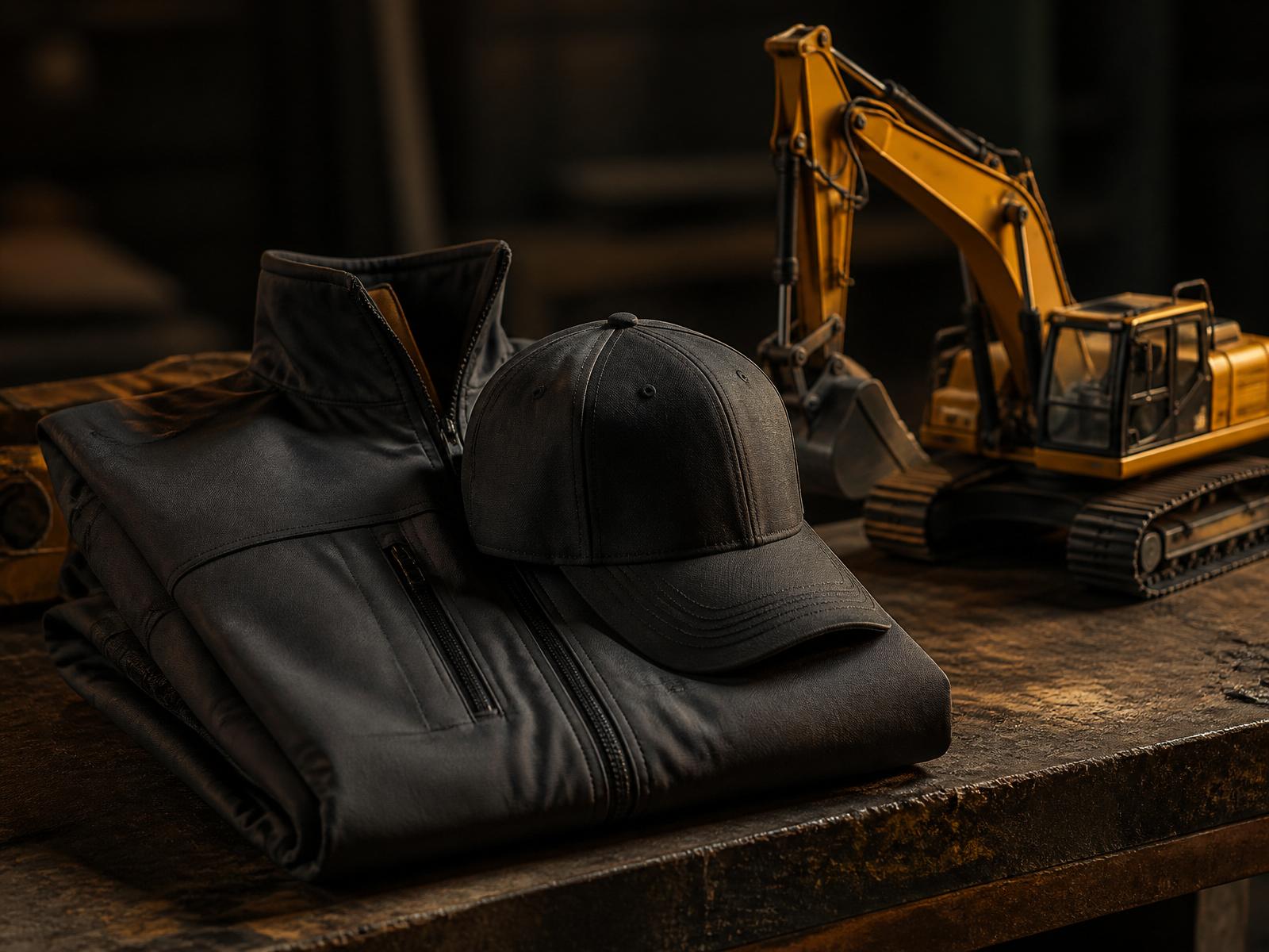 Premium apparel on an industrial workbench next to an excavator replica